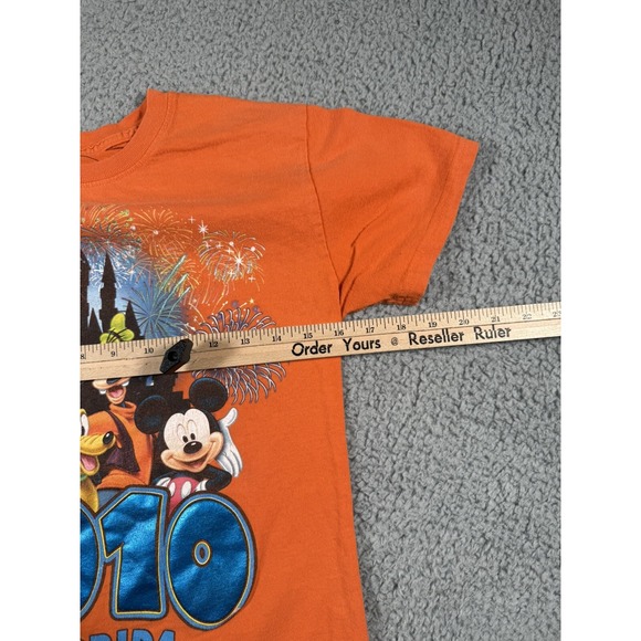 Disney T Shirt Kids Large 12 14 Orange‎ 2010 Fireworks Castle Mickey Mouse - Picture 5 of 7